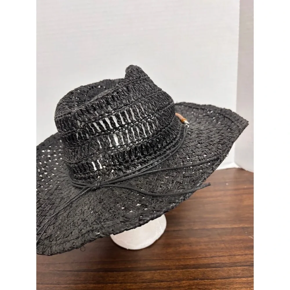 Goldcoast Sunwear Black Woven Cowboy Hat Wood Bead Band Boho Western One Size